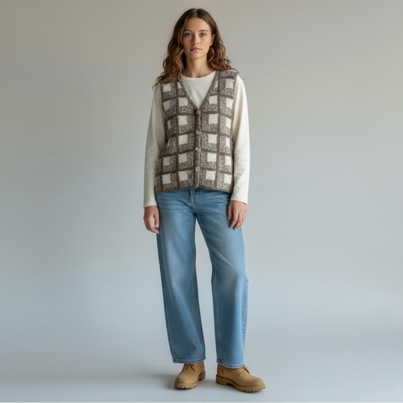 VTG Check Sweater Vest Sz.M Tan Cream Wool Hand Knit Cottage Academia Grandma - Picture 11 of 11